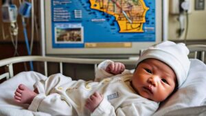 (Insert Image Suggestion: A newborn baby in a hospital crib with a California state map in the background.)