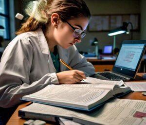 (Insert Image Suggestion: A student writing an essay with healthcare textbooks on the desk.)