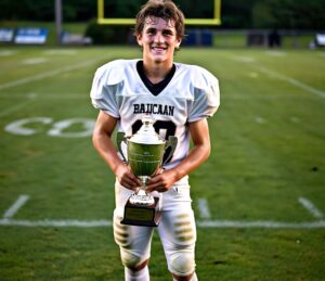 A young football player holding a trophy with a proud smile on a football field.)