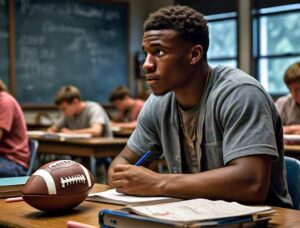 (Insert image suggestion: Grady in a classroom with textbooks and a football on the desk.)