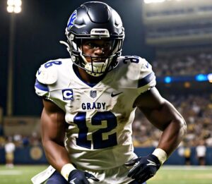 (Insert image suggestion: Grady playing football under stadium lights.)
